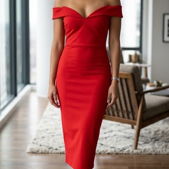 ASOS Dresses & Skirts - Asos Off-Shoulder Red Midi Dress with Sleek Silhouette